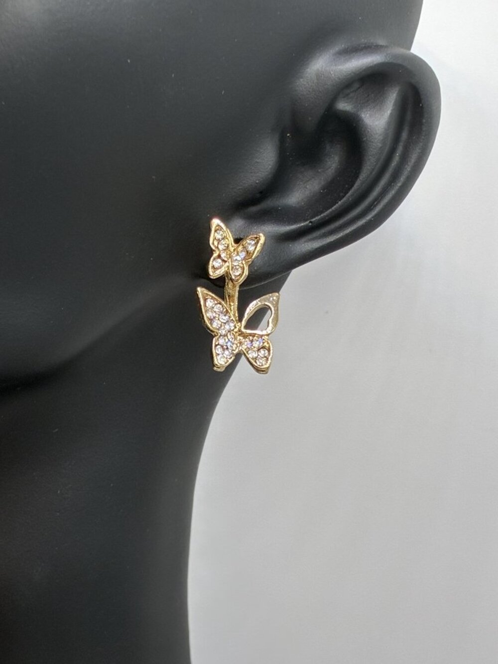 Gold Crystal Butterfly Drop Earrings - Dainty Double Butterfly Design